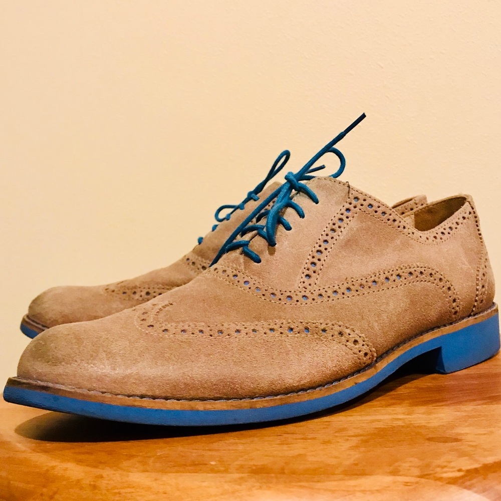 Cole Haan Taupe Suede Wingtip Oxfords with Blue Soles and Laces